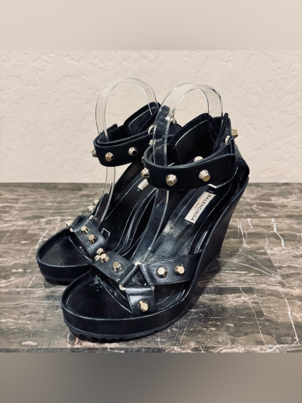 Balenciaga Black Leather Studded Wedge Sandals